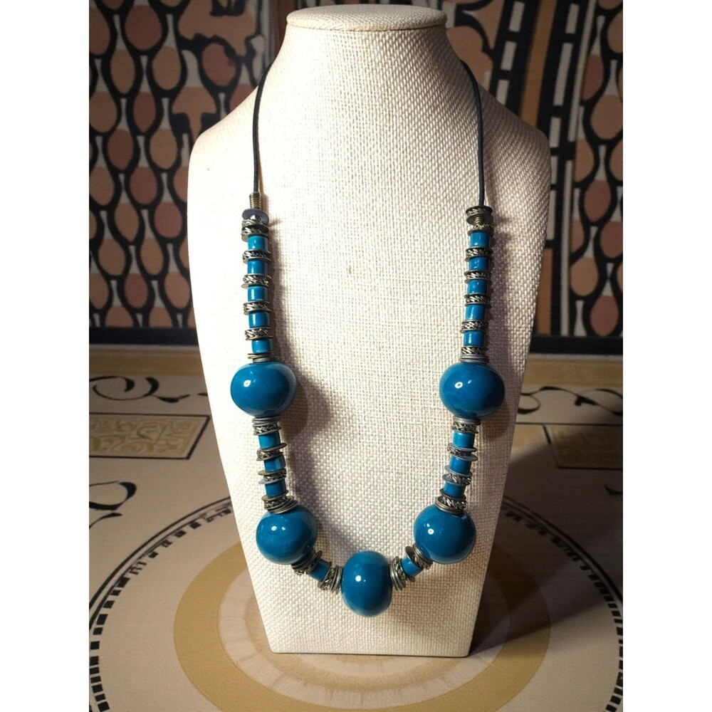Vintage Studio Art Pottery Necklace Teal Ceramic Beads Bronze Spacers Brutalist